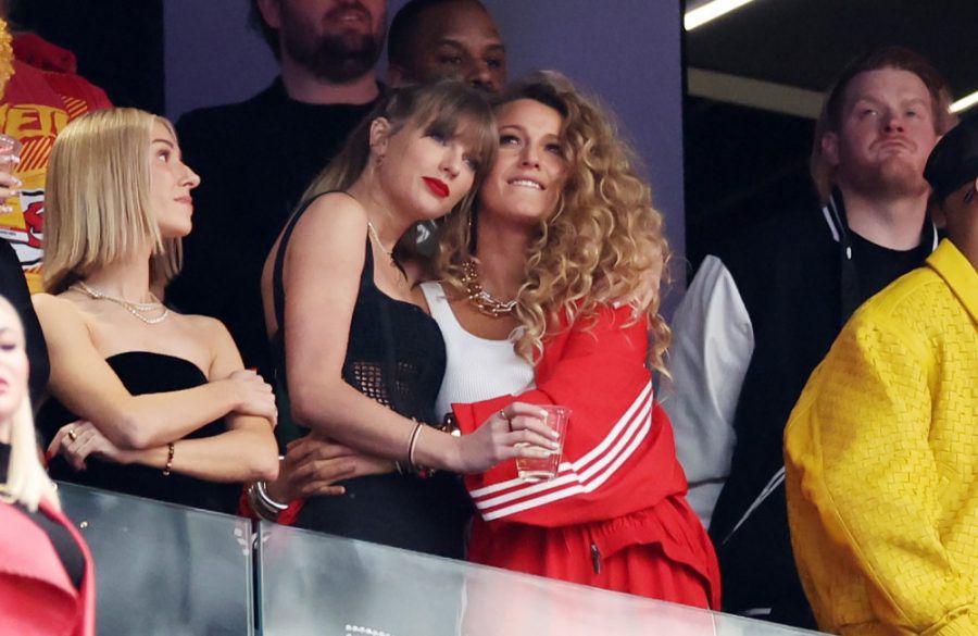 Taylor Swift and Actress Blake Lively hug prior to Super Bowl LVIII 2024 - Getty BangShowbiz
