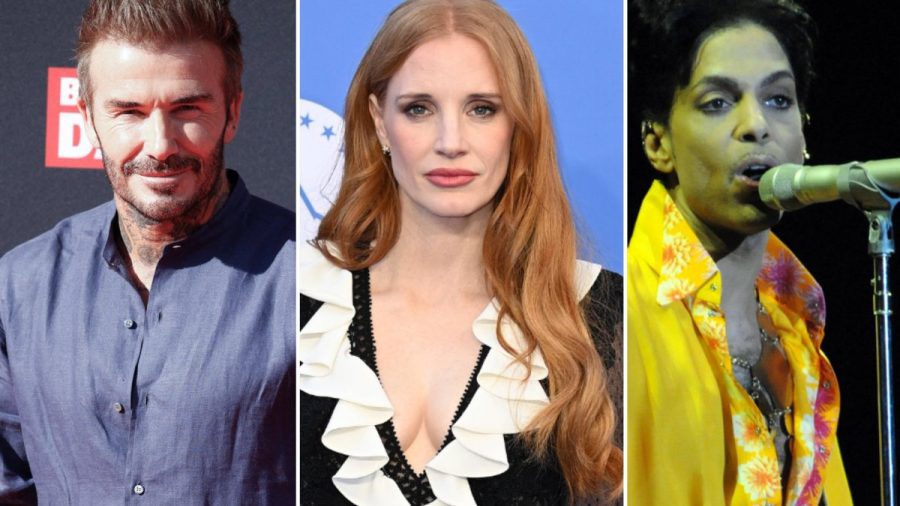 Stars wie David Beckham, Jessica Chastain und der verstorbene Prince (v.l.n.r.) werden mit einem Stern auf dem Hollywood Walk of Fame geehrt. (lau/spot)