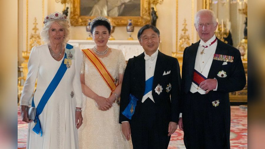 Königin Camilla, Kaiserin Masako, Kaiser Naruhito und König Charles III. beim Staatsbankett im Buckingham Palast. (ncz/spot)