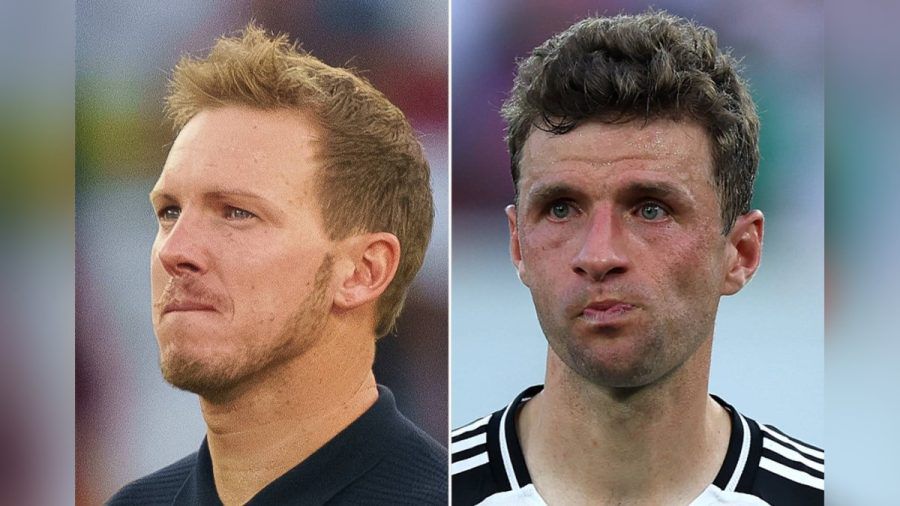 Bundestrainer Julian Nagelsmann (li.) und Thomas Müller sind sichtlich enttäuscht. (rho/spot)