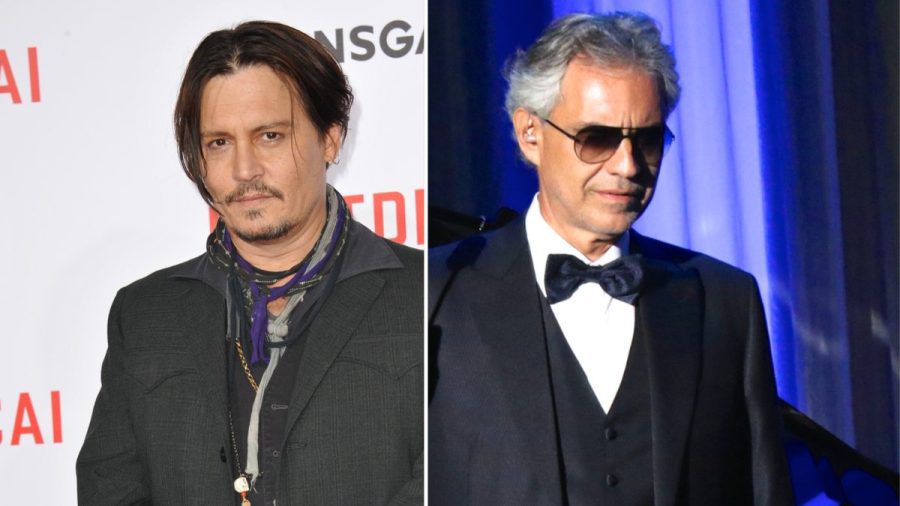 Johnny Depp (li.) und Andrea Bocelli standen in der Toskana gemeinsam auf der Bühne. (jom/spot)