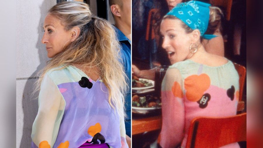 Sarah Jessica Parker recycelte für "And Just Like That..." 2024 (l.) einen Look von "Sex and the City" aus 2000 (r.). (eyn/spot)