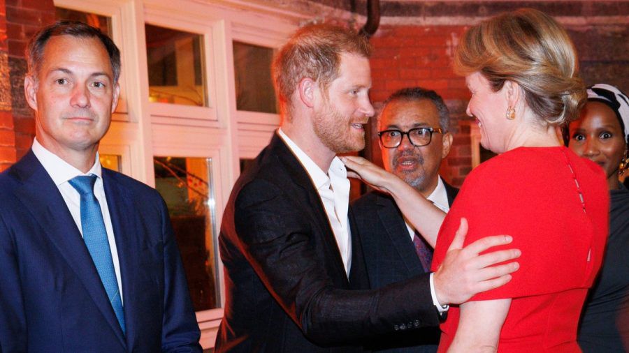 Prinz Harry begrüßt die belgische Königin Mathilde bei einem WHO-Dinner in New York. (the/spot)