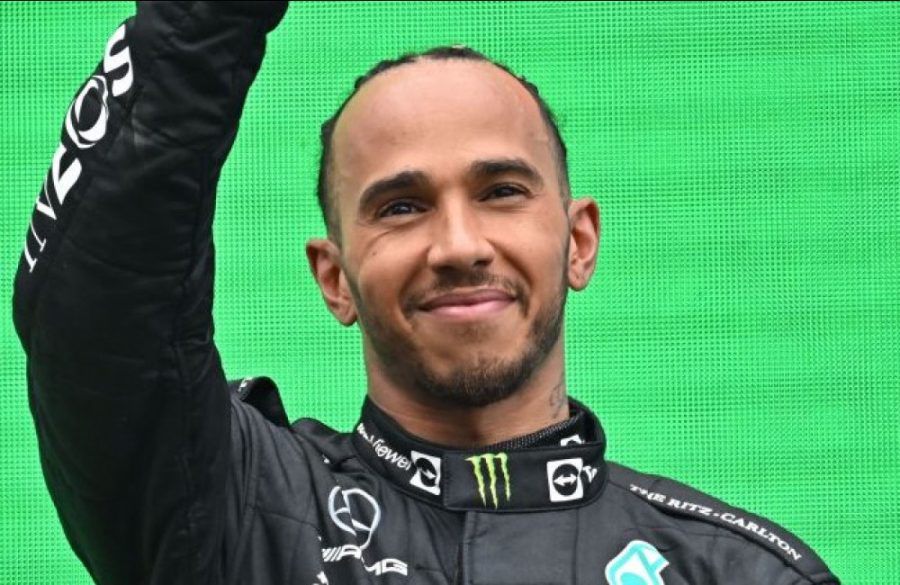 Lewis Hamilton on Podium at Hungary Grand Prix July 2022 - Getty BangShowbiz