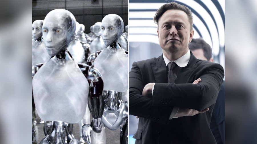 Elon Musk (r.) und die "I, Robot"-Androiden. (smi/spot)