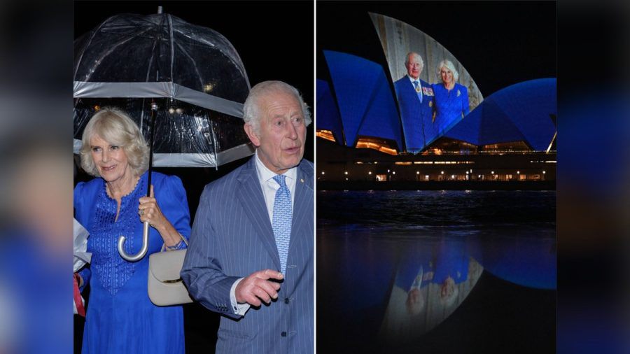 Charles und Camilla am Flughafen und das erleuchtete Opernhaus in Sydney. (jom/spot)