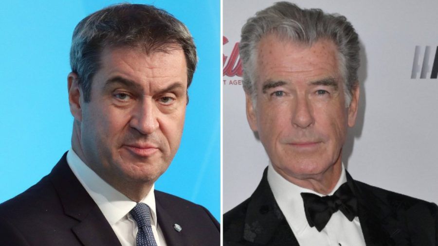 Markus Söder (l.) beschreibt sich als großen Kino- und Filmfan. Jetzt traf er im Kreis Landsberg auf Pierce Brosnan. (ae/spot)