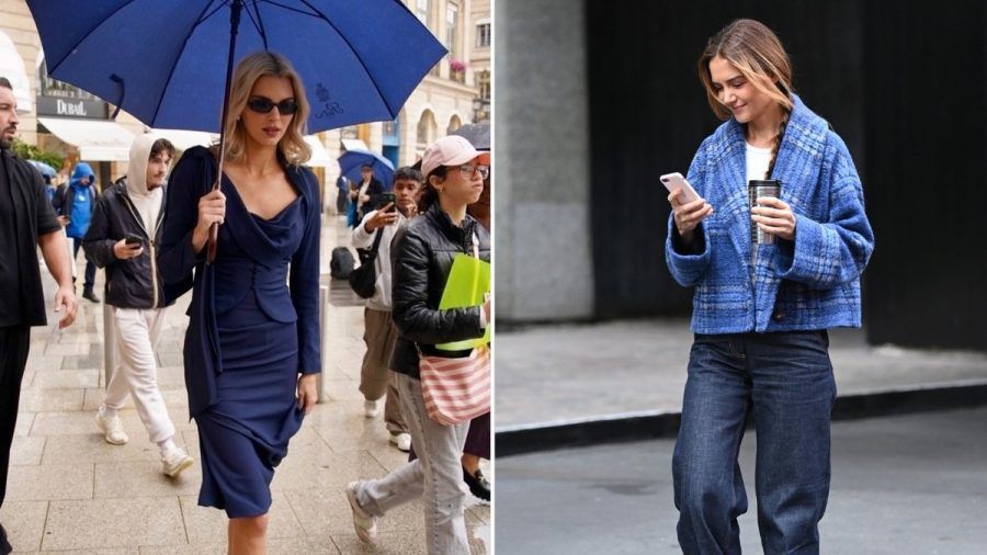 Kendall Jenner (links) in einem Kostüm in Navy Blau, während Katie Holmes (rechts) auf Navy Lite setzt. (the/spot)