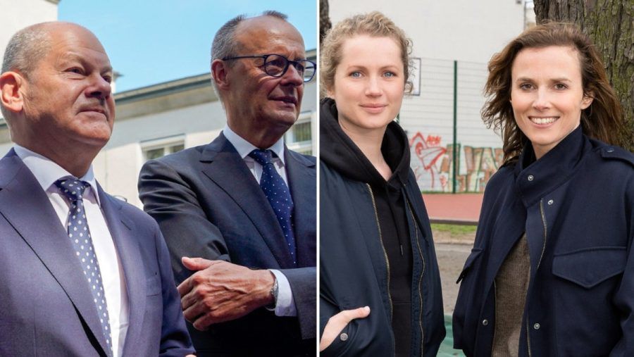 Olaf Scholz (l.) und Friedrich Merz bei einer Gedenkveranstaltung im Juli in Berlin und Cornelia Gröschel und Karin Hanczewski (r.) bei den Dreharbeiten zum letzten Dresden-"Tatort" mit Hanczewski (Ausstrahlung 2025). (ili/spot)