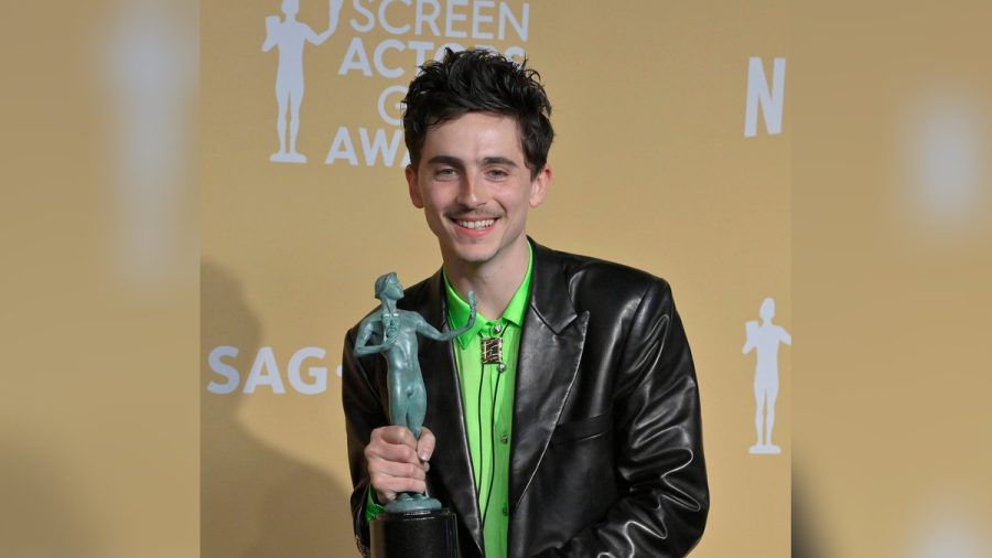 Timothée Chalamet mit seinem SAG Award für "Like A Complete Unknown". (smi/spot)