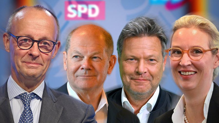 "Das Quadrell" mit (v.l.) Friedrich Merz (CDU/CSU), Olaf Scholz (SPD), Robert Habeck (Bündnis 90/Die Grünen) und Alice Weidel (AfD). (ili/spot)