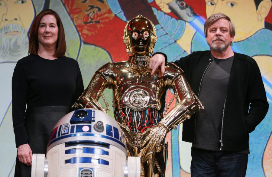 Kathleen Kennedy, C-3PO And Mark Hamill - Star Wars The Last Jedi Press Conference - 2017 - Getty BangShowbiz