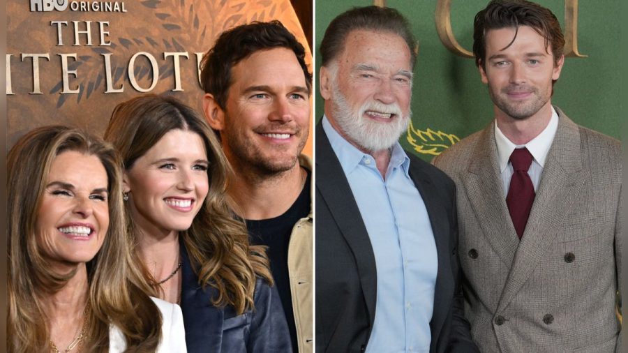 Patrick Schwarzenegger mit seinem berühmten Vater Arnold, seiner Mutter Maria Shriver (l.), seiner Schwester Katherine und seinem Schwager Chris Pratt. Sie alle unterstützten ihn bei der Premiere von "The White Lotus". (hub/spot)